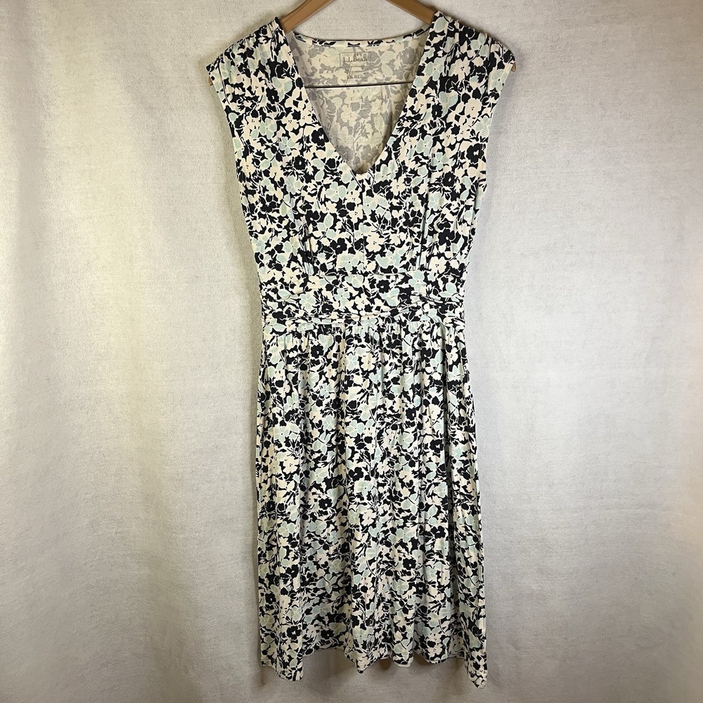 LL Bean Women's Dress Sz XS White Black Turquoise Floral Casual Sundress Coastal